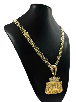 Imagem de Cordão Imperador 10mm Pingente Favela Venceu Banhado a Ouro