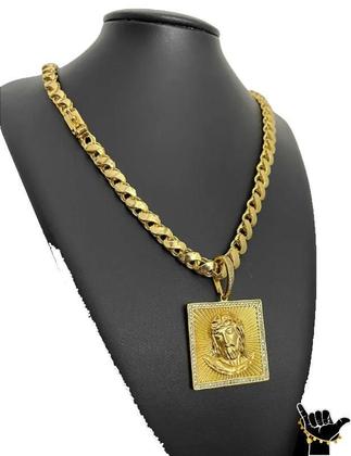 Imagem de Corrente Friso S 8Mm + Pingente Rosto Cristo Banhado A Ouro