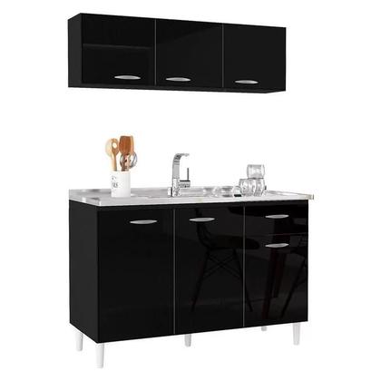 Imagem de Cozinha Compacta - Balcão de Pia + Tampo Conjunto com Aéreo 3 Portas Preto - Walmir Móveis