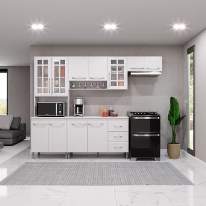 Imagem de Cozinha Modulada Completa Fidelitá Viena 4 Peças 260cm 11 Portas 3 Gavetas Com Tampo Branco