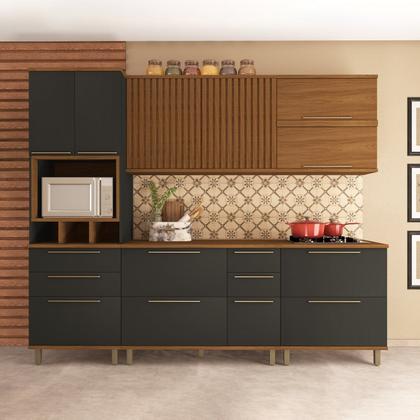 Imagem de Cozinha Modulada Paneleiro 4 Portas Nicho Forno Aéreo Ripado 120cm 2 Aéreos 80cm Balcão com Tampo 120cm Completa 6 Peças Madri