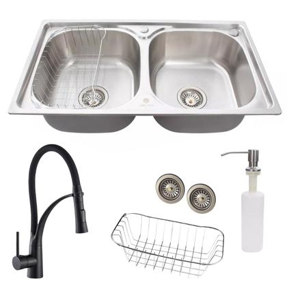 Imagem de Cuba dupla gourmet inox escovado com torneira flexível preta