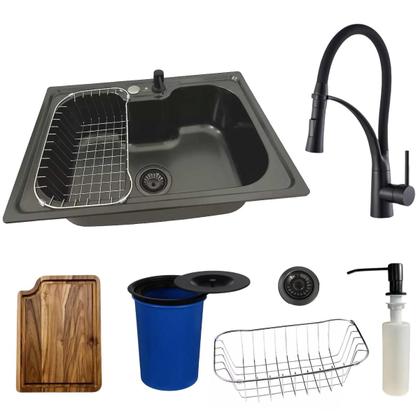 Imagem de Cuba inox black 50x40cm + torneira flexível tábua e lixeira