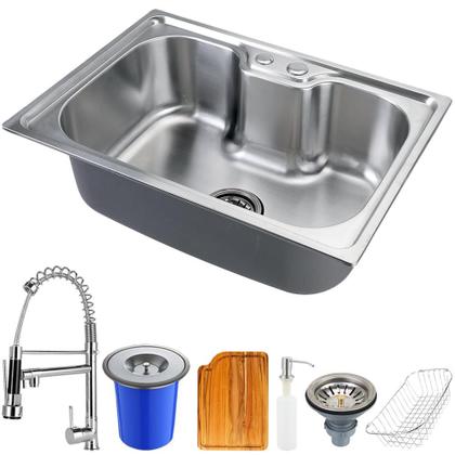 Imagem de Cuba para cozinha gourmet pia aço inox com acessórios tábua de corte e lixeira Nawa 50 cm e Torneira gourmet Munim pingoo.casa