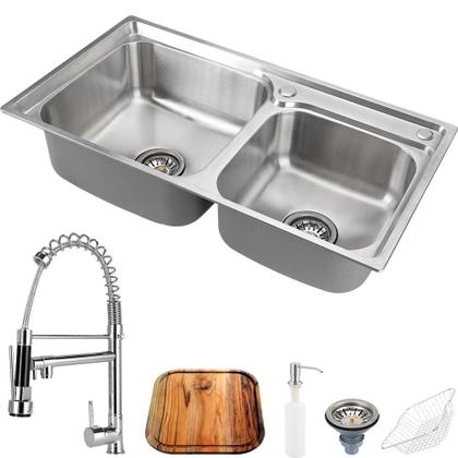 Imagem de Cuba para cozinha gourmet pia dupla aço inox com acessórios e tábua de corte Ticunas e Torneira monocomando gourmet Munim Pingoo.casa