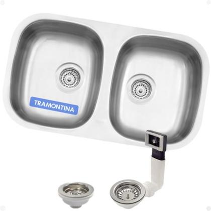 Imagem de Cuba Pia Cozinha com Bacia Dupla 77X45 Inox Tramontina Isis Aço Escovado com Válvula de Escape