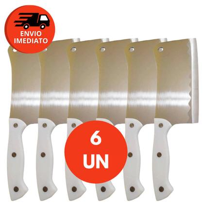 Imagem de Cutelo Machadinha Inox 6” Profissional Chef Facão Cozinha Açougueiro Cabo Branco Osso Carne Grande