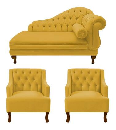 Imagem de Divã Larissa 160 cm Esquerdo de quem senta e 2 Poltronas Genesis Suede Amarelo - LM DECOR