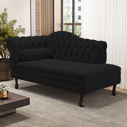 Imagem de Divã Recamier Lavínia Clássico 120cm Capitonê com Pés de Madeira material sintético Preto - Desk Design