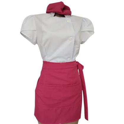 Imagem de Dólmã Chef Feminino Branco em Gabardine Tecido Leve com Avental e Faixa Pink Confortável e Prático