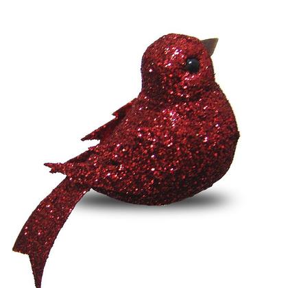 Imagem de Enfeite Passarinhos kit com 36pçs de 8cm Glitter - Vermelho com Presilha para fixar na Decoração