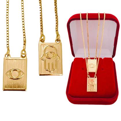Imagem de Escapulário Olho Grego e Mão Hamsá Folheado a Ouro 18k