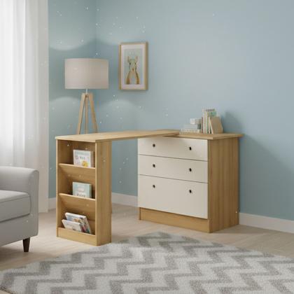 Imagem de Escrivaninha Mesa Giratoria Nicho Lateral Gavetas Gavetão Para Escritorio Quarto Estudar Estudo Trabalho Escolar Freijó OFF