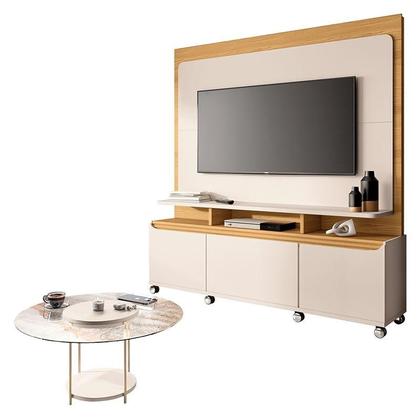 Imagem de Estante Home Theater Quantum Off White Cinamomo e Mesa de Centro Sky com Tampo de Vidro Off White  HB Móveis