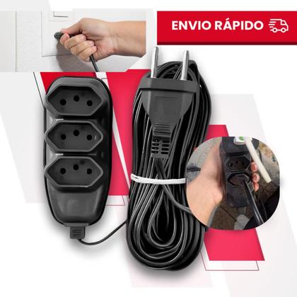 Imagem de Extensão Elétrica 10 Metros + Adaptador de Tomada - Bivolt 110/220 10A Tripolares Preta Resistente