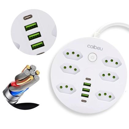 Imagem de Extensão Filtro de Linha Redondo 6 Tomadas 3 USB-A 2 USB-C Carregamento Rápido Proteção Contra Sobrecarga