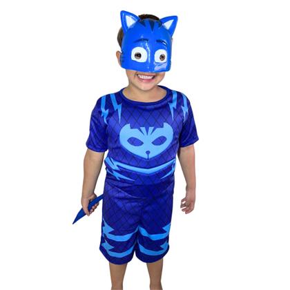 Imagem de Fantasia Curta Menino Gato Pj Masks Mascara De Plastico Enchimento