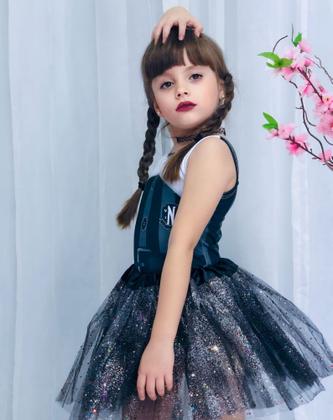 Imagem de Fantasia Infantil Vandinha Linda Body Saia de tule preta Festa a fantasia