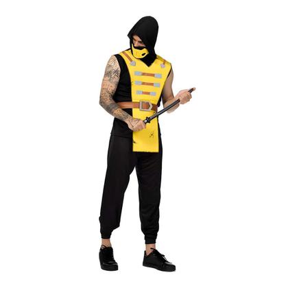 Imagem de Fantasia Ninja Amarelo Masculina Roupa Samurai Adulto Com Máscara