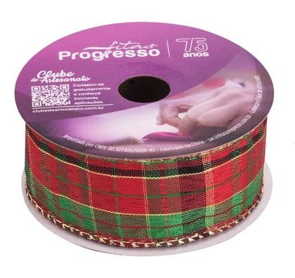 Imagem de Fita aramada xc025-038 38mm cor 01 xadrez natalino ourela dourada 10 mts