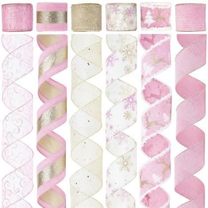 Imagem de Fita com fio de Natal MAYREEL de 2,5 polegadas rosa e dourada 36 jardas