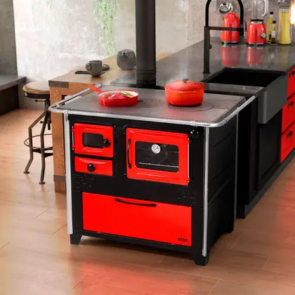 Imagem de Fogão a Lenha com Forno D 99 x 66 Cm Caixa de Lenha Prime Box Aço Inox Preto Vermelho - Hidro