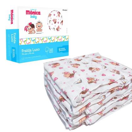 Imagem de Fralda de Pano Bebe Menina com Bainha Turma da Monica Estampada Antialergica Macia Enxoval Rosa 5 Unidades Reutilizavel 67x70cm