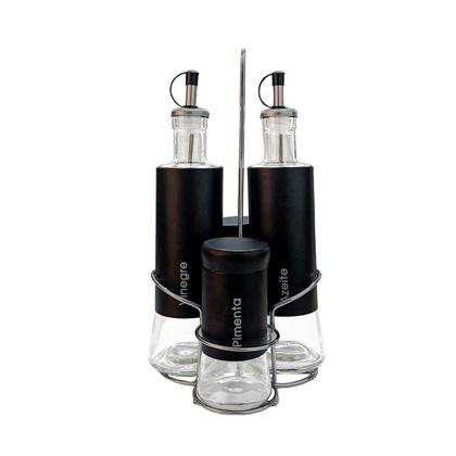Imagem de Galheteiro Porta Temperos Condimento 4 Peças Bico Dosador Preto Inox Vidro Azeite Vinagre Temperar Alimentos