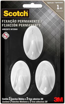 Imagem de Gancho Scotch 3M Adesivo Sem Furos Suporta 1Kg - 3 Unidades