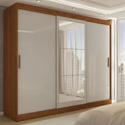 Imagem de Guarda-Roupa Casal Harvard 3 Portas 2 Gavetas com Espelho 100% Mdf Off White/Nogueira - Panorama Móveis