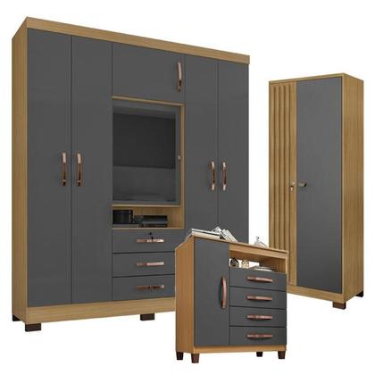 Imagem de Guarda Roupa Casal Imperial e Cômoda Sapateira Cannes com Armário Multiuso Versatile Carvalho Americano Grafite  Incorplac