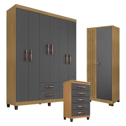 Imagem de Guarda Roupa Casal Modena com 6 Portas com Cômoda Cannes 5 Gavetas e Armário Multiuso Versatile Carvalho Americano Grafite - Incorplac