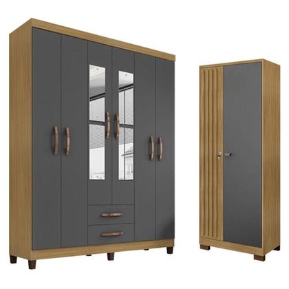 Imagem de Guarda Roupa Casal Modena com Espelho 6 Portas e Armário Multiuso Versatile Carvalho Americano Grafite  Incorplac