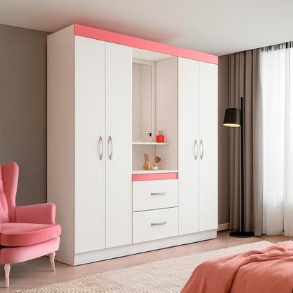 Imagem de Guarda-Roupa Solteiro com Espelho Lord 4 PT 2 GV Branco e Rosa