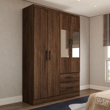 Imagem de Guarda-Roupa Solteiro São Francisco 4 Portas 2 Gavetas com Espelho Castanho - Panorama Móveis Móveis