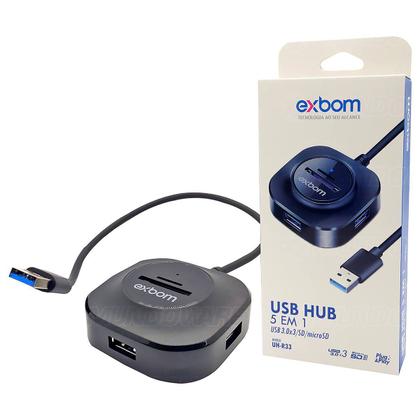 Imagem de HUB USB 5 em 1 com 3 Portas USB 3.0 1 Leitor de Cartão microSD 1 Leitor de Cartão SD Exbom UHR33