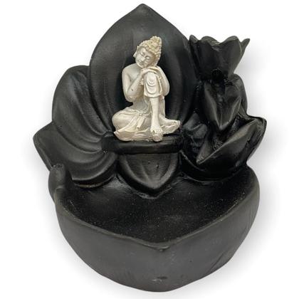 Imagem de Incensário cascata Flor Buda branco e preto 10 cm em resina