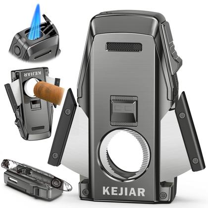 Imagem de Isqueiro KEJIAR Double Jet Torch com cortador e suporte cinza