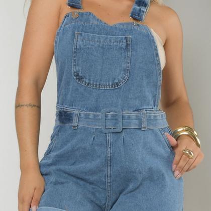 Imagem de Jardineira Macaquinho Short Jeans Feminino Alças Reguláveis