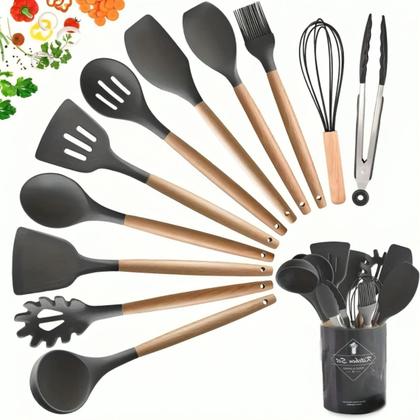 Imagem de Jogo 12 Utensílios Cozinha Premium Silicone e Madeira