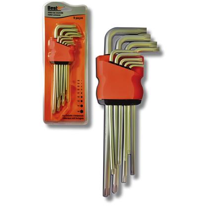 Imagem de Jogo 9 Peças De Chaves Torx Longa Aço Cromado Com Guia Uso Automotivo Industrial Eletrônico Bestfer