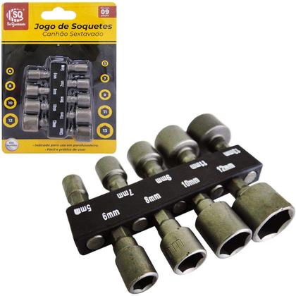 Imagem de Jogo canhao / soquete sextavado com 9 pecas 5 / 6 / 7 / 8 / 9 / 10 / 11 / 12 / 13mm - SQ COMERCIO