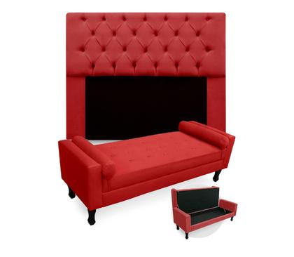 Imagem de Jogo Com Cabeceira Mirage + Recamier Baú Fenix King 195 cm Suede Vermelho - LM DECOR