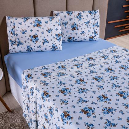 Imagem de Jogo de Cama Refúgio Solteiro Percal 180 Fios Algodão Luxo 3 Pçs Floral Azul