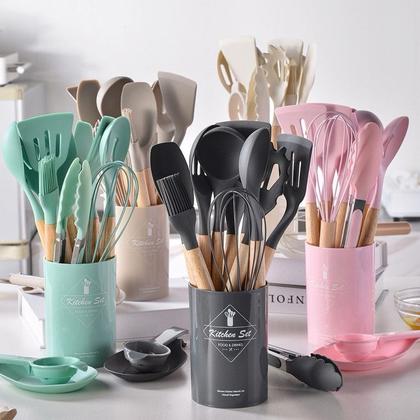 Imagem de Jogo de Cozinha Kit com 12 Peças de Silicone, Utensílios e Copo Suporte para Cozinha Cabo de Madeira