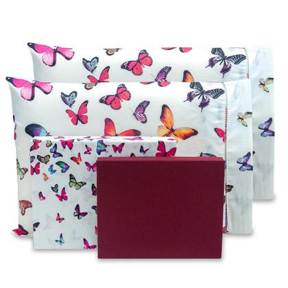 Imagem de Jogo de Lençol Cama Casal King 4 Peças Borboleta Algodão 180 Fios Com Elastico