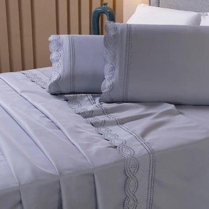 Imagem de Jogo de Lençol CASAL 200 fios 3 Peças Bordado Inglês com Lese