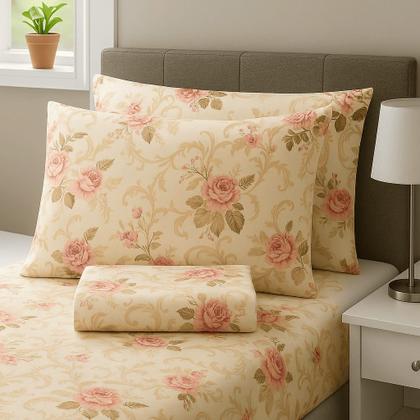 Imagem de Jogo de Lençol Casal em Percal Estampado 100% Algodão com Elástico + 2 Fronha Ponto Palito