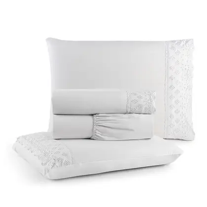 Imagem de Jogo de Lençol Queen 4 Peças Napoli Percal 300 Fios Lese Bordado Inglês