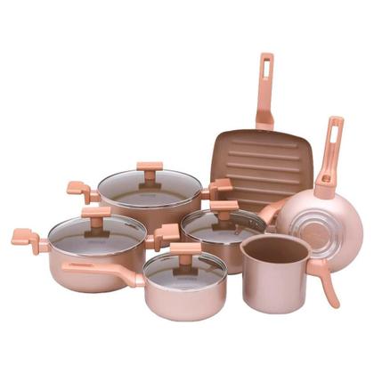 Imagem de Jogo De Panelas Alumínio Antiaderente 07 Peças Mimo Style Sartin Cook Champanhe Com Panela Caçarola Leitera e Grill